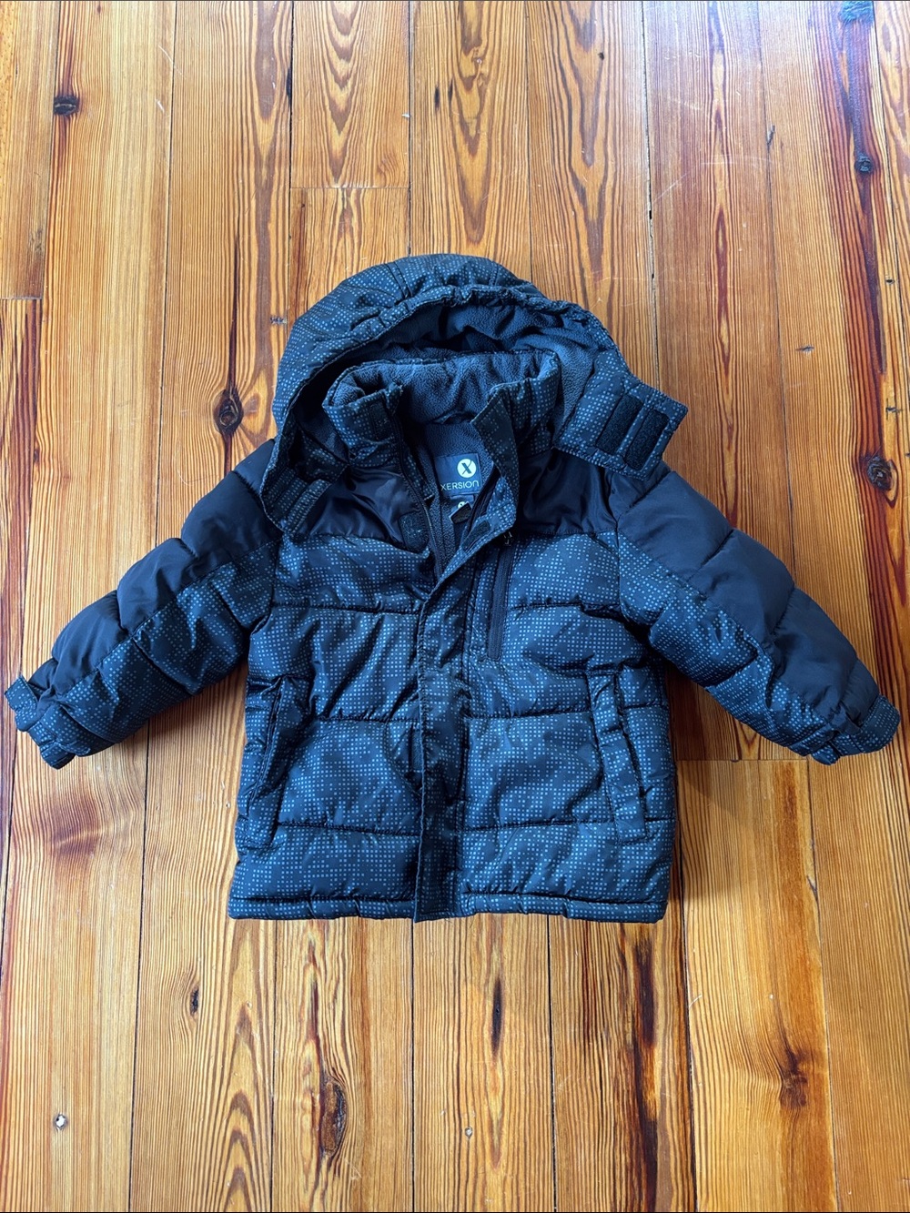 Xersion Kids' Black W/Blue Dot-Print Puffer Coat with Hood Size XXS 4/5